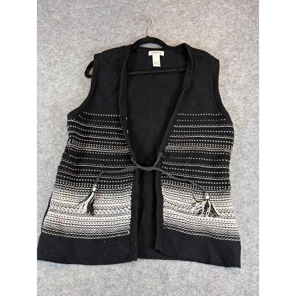 VINTAGE Orvis Sweater Vest Womens Large Black Striped Knit Tasseled Tie Retro